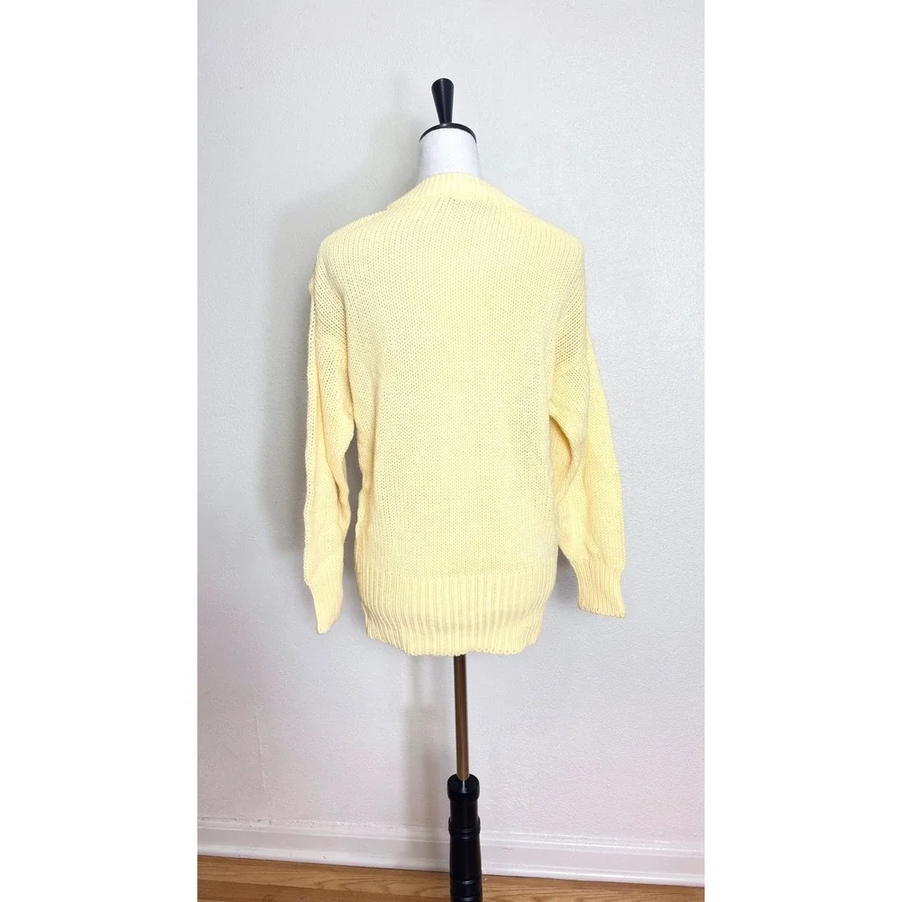 90s Vintage Butter Yellow Teddy Bear Chunky Knit Sweater Size Medium Kawaii Y2K